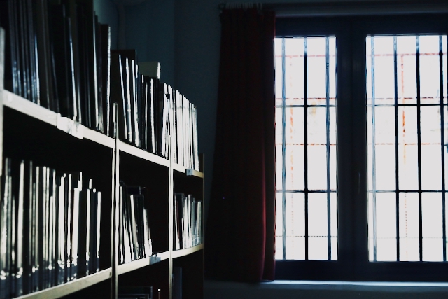 Bookshelves beside a barred window